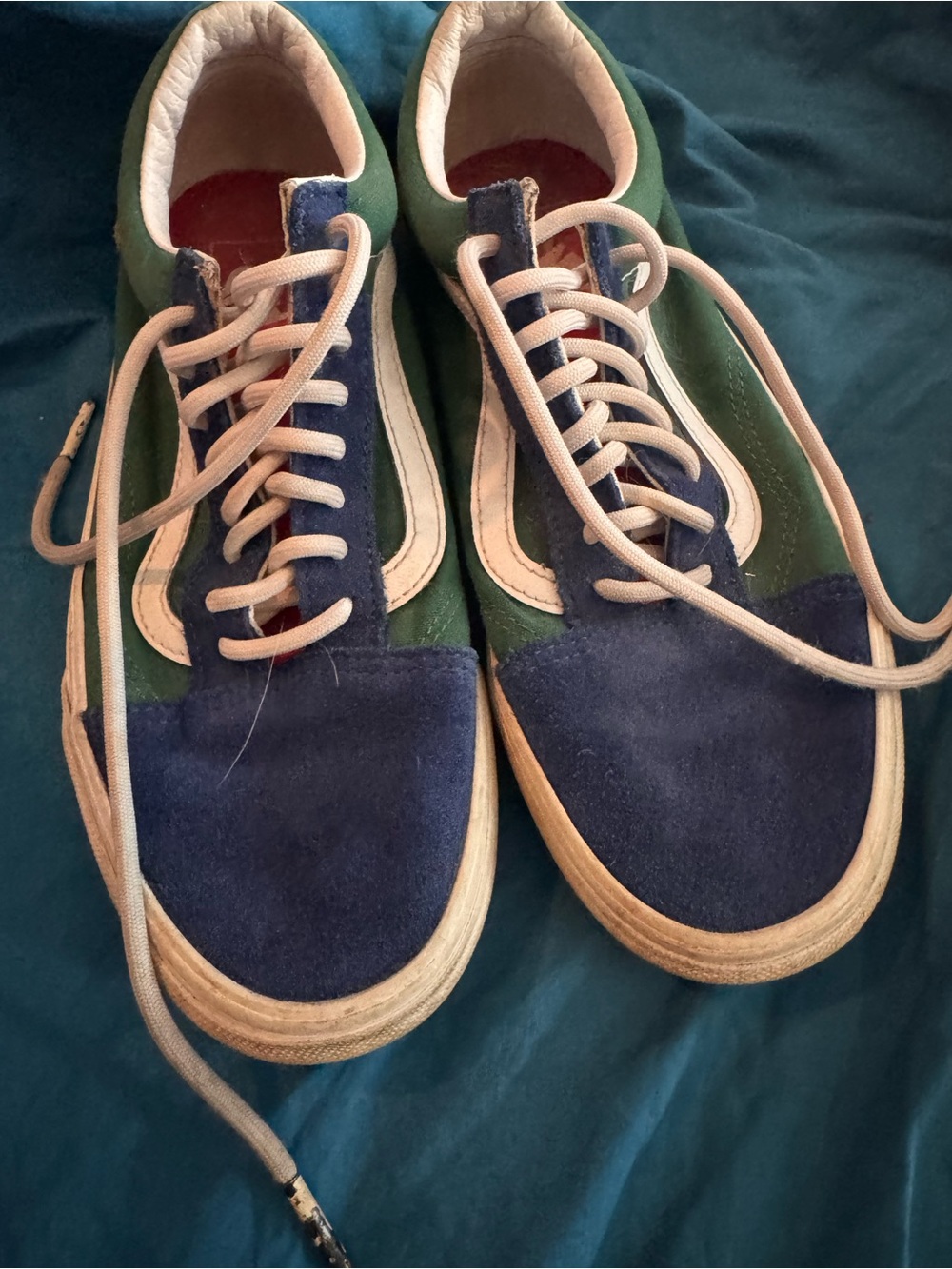 Vans Men's Navy and Green Low-Top Sneakers with Cream Accents